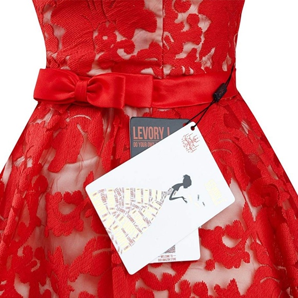 Red Vintage Floral Lace Dress With Contrast Bow - Picture 4 of 7